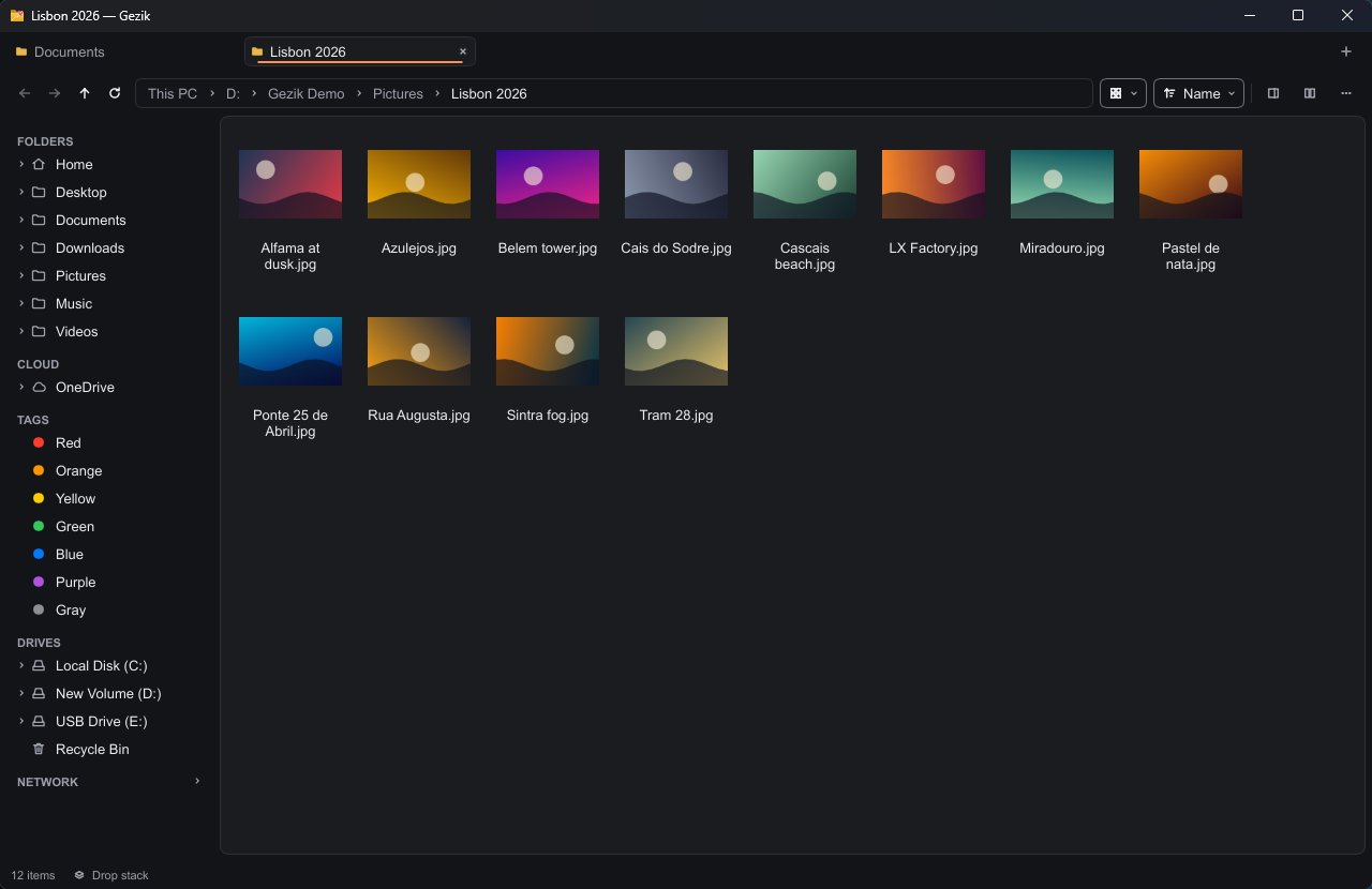 Gezik's grid view showing photo thumbnails in the dark theme