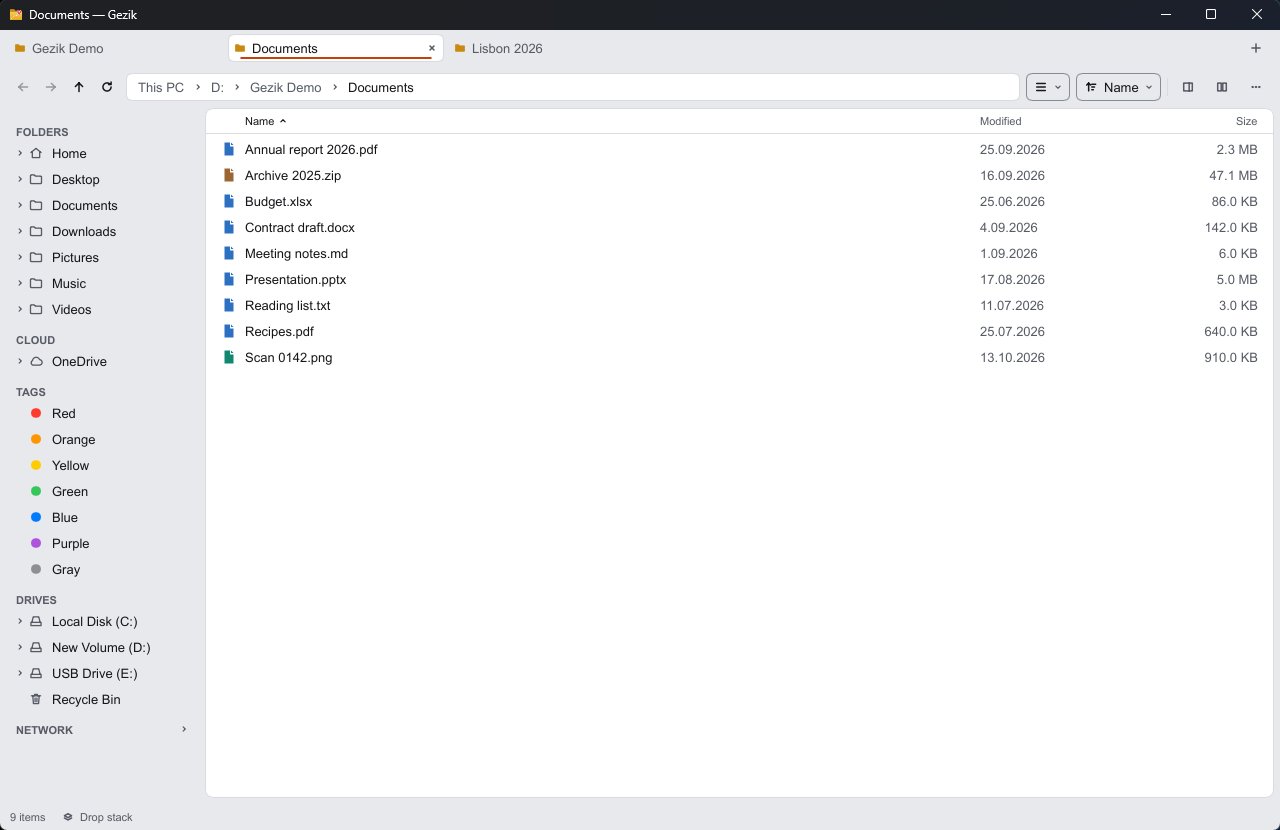 Gezik in its light theme, listing a Documents folder